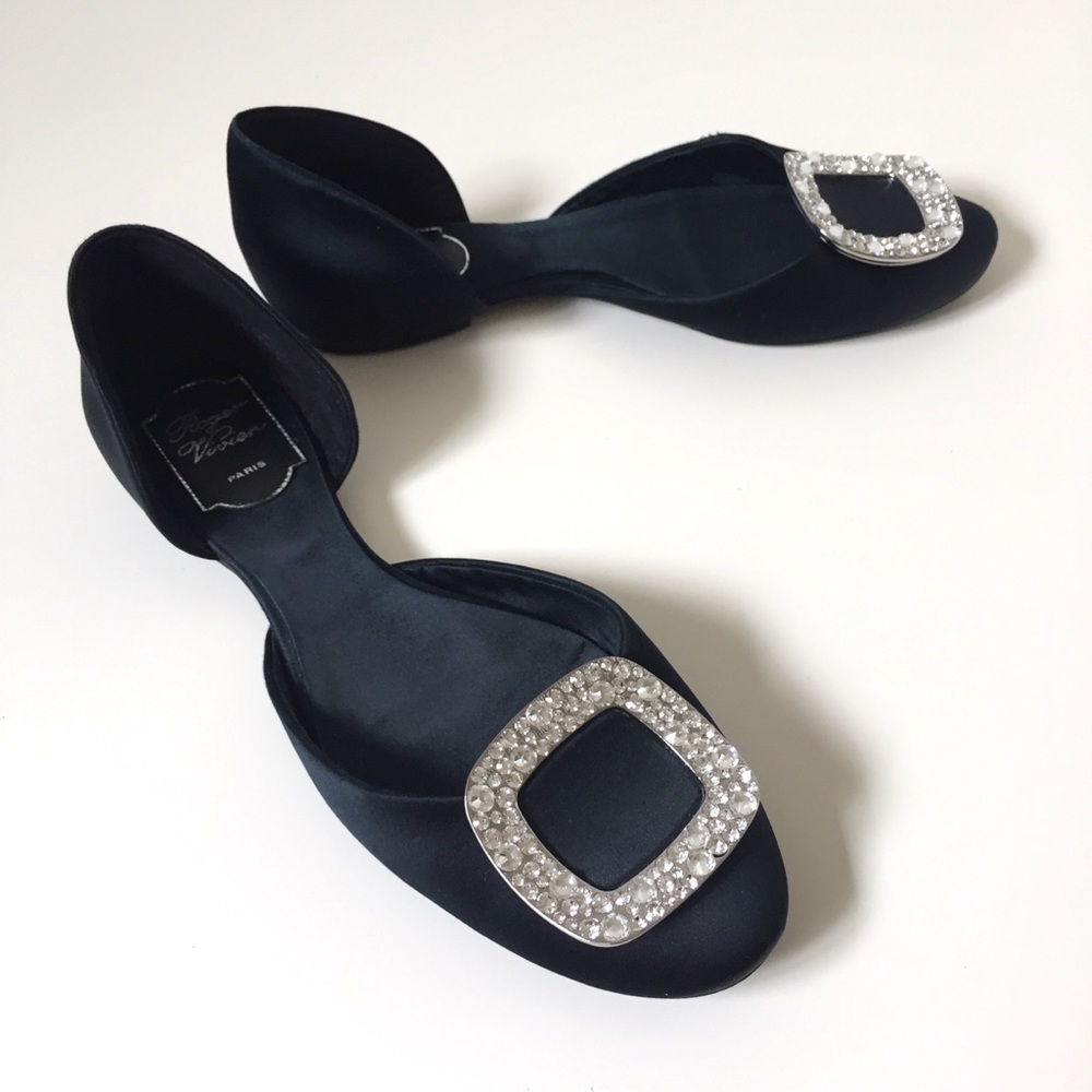 Roger Vivier Black Flats with Silver Buckle